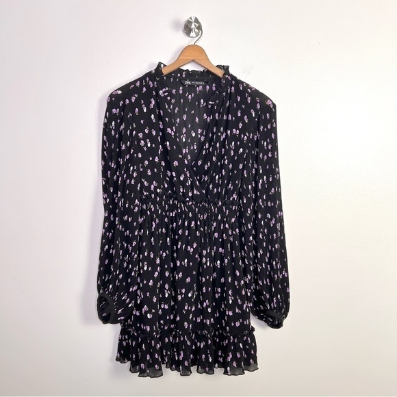 Zara Black and Purple Floral Ruffle Mini Dress - Picture 3 of 15